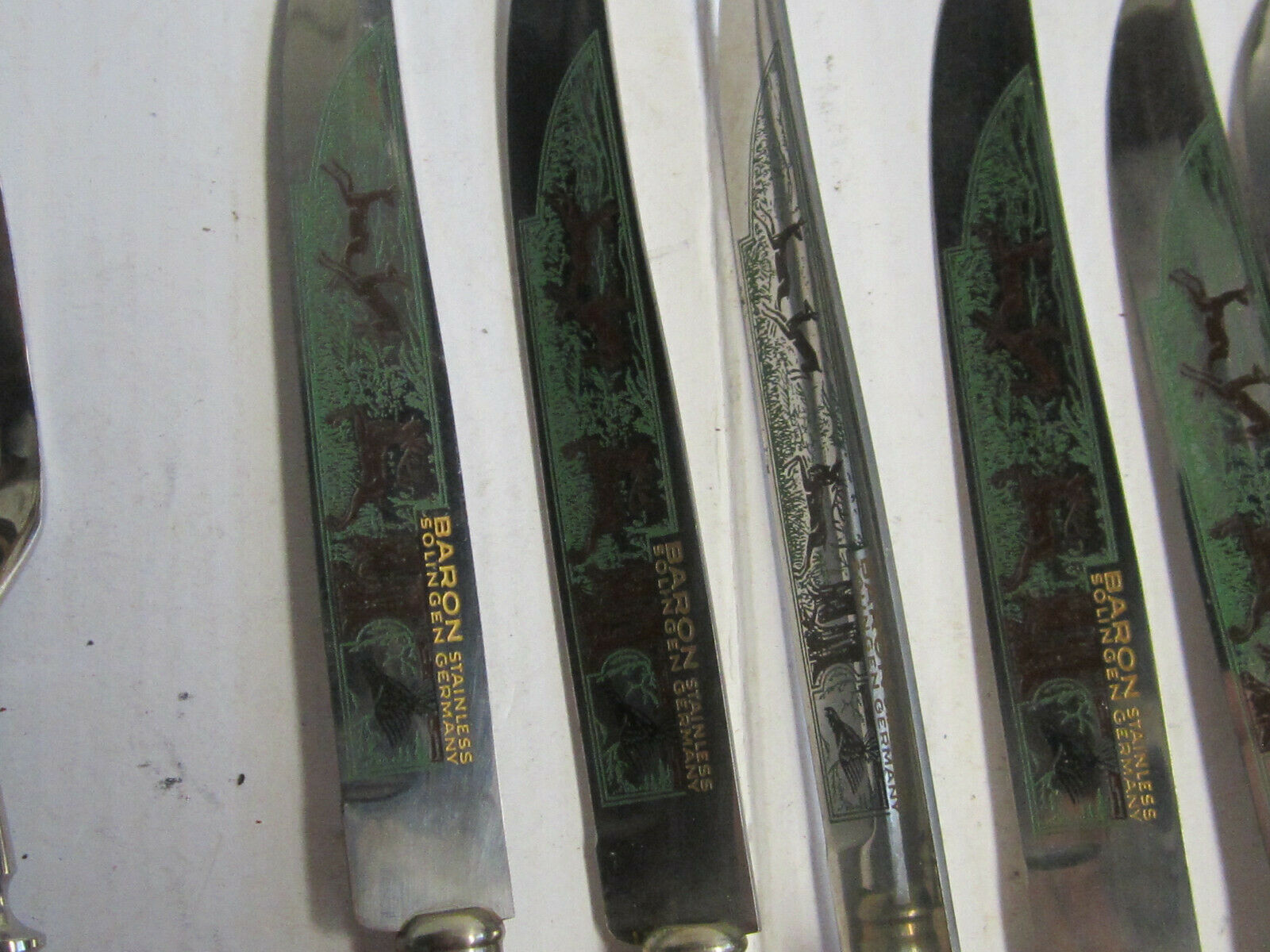 VINTAGE BARON 6 STEAK KNIVES AND 6  FORKS WITH ANTLER HANDLES MADE IN GERMANY - Fresh Stock Dated December 2025