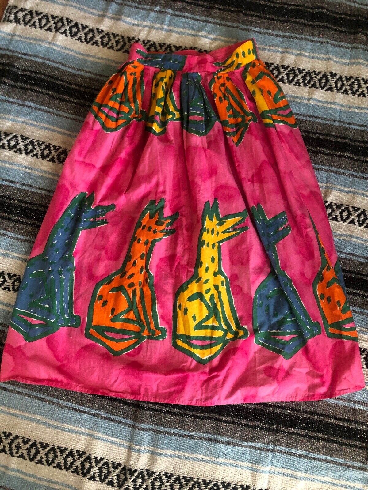 Vtg 70s 80s CLAUDE Cotton NOVELTY Art DOG Print PLEAT New Wave MIDI Skirt 10 M - Fresh Stock Dated December 2025
