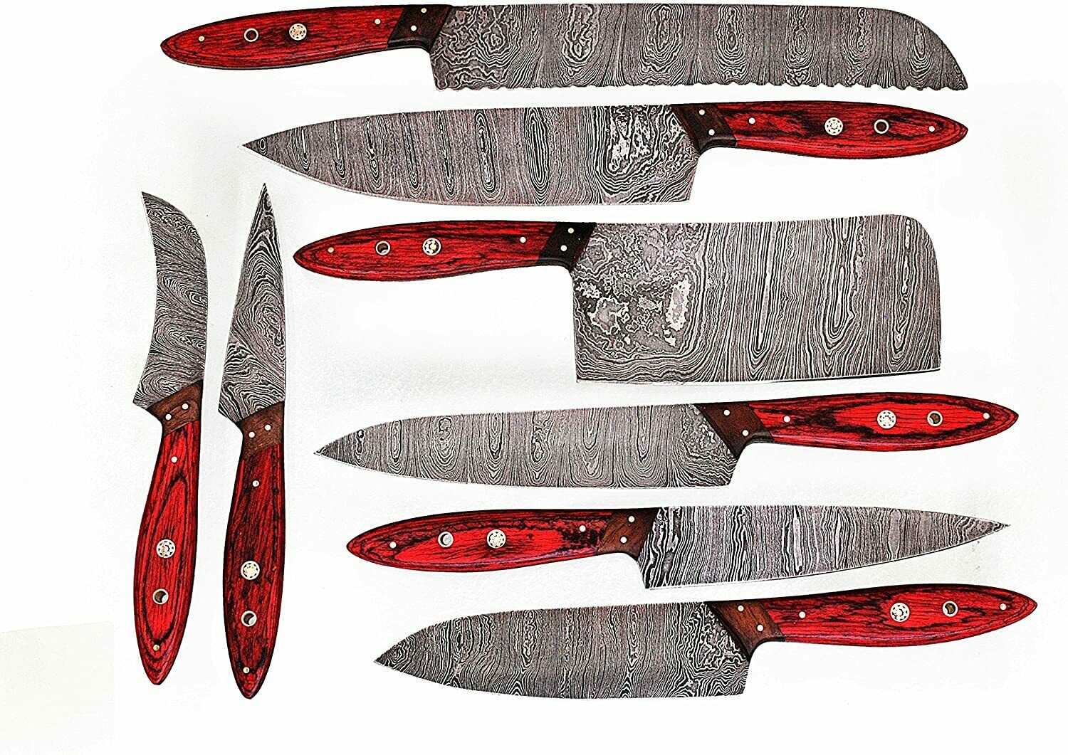 HAND MADE DAMASCUS BLADE 8 PCS KITCHEN/CHEF KNIFE SET 1046-8RD with sheet - Fresh Stock Dated December 2025