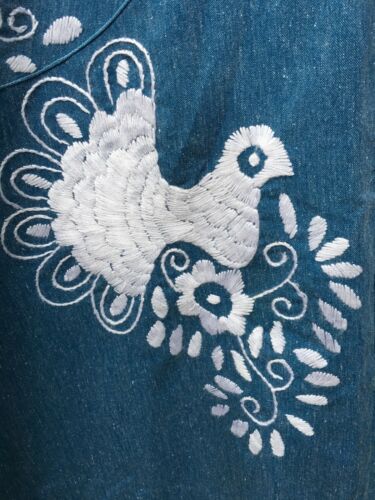 Vtg 70s Chambray White Embroidered Birds Oaxacan Flaired Wrap Skirt Hippie Boho - Fresh Stock Dated February 2026