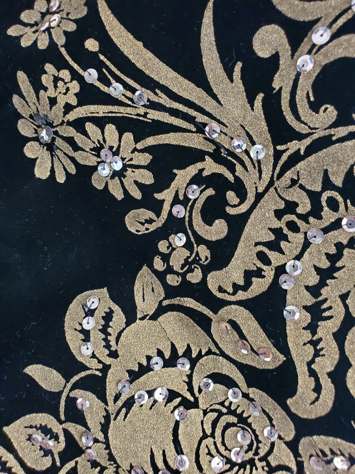 VTG 40'S BLACK FLOCK GOLD FLORAL HAND PAINTED SEQUINS PARTY FULL CIRCLE SKIRT M - Fresh Stock Dated March 2026