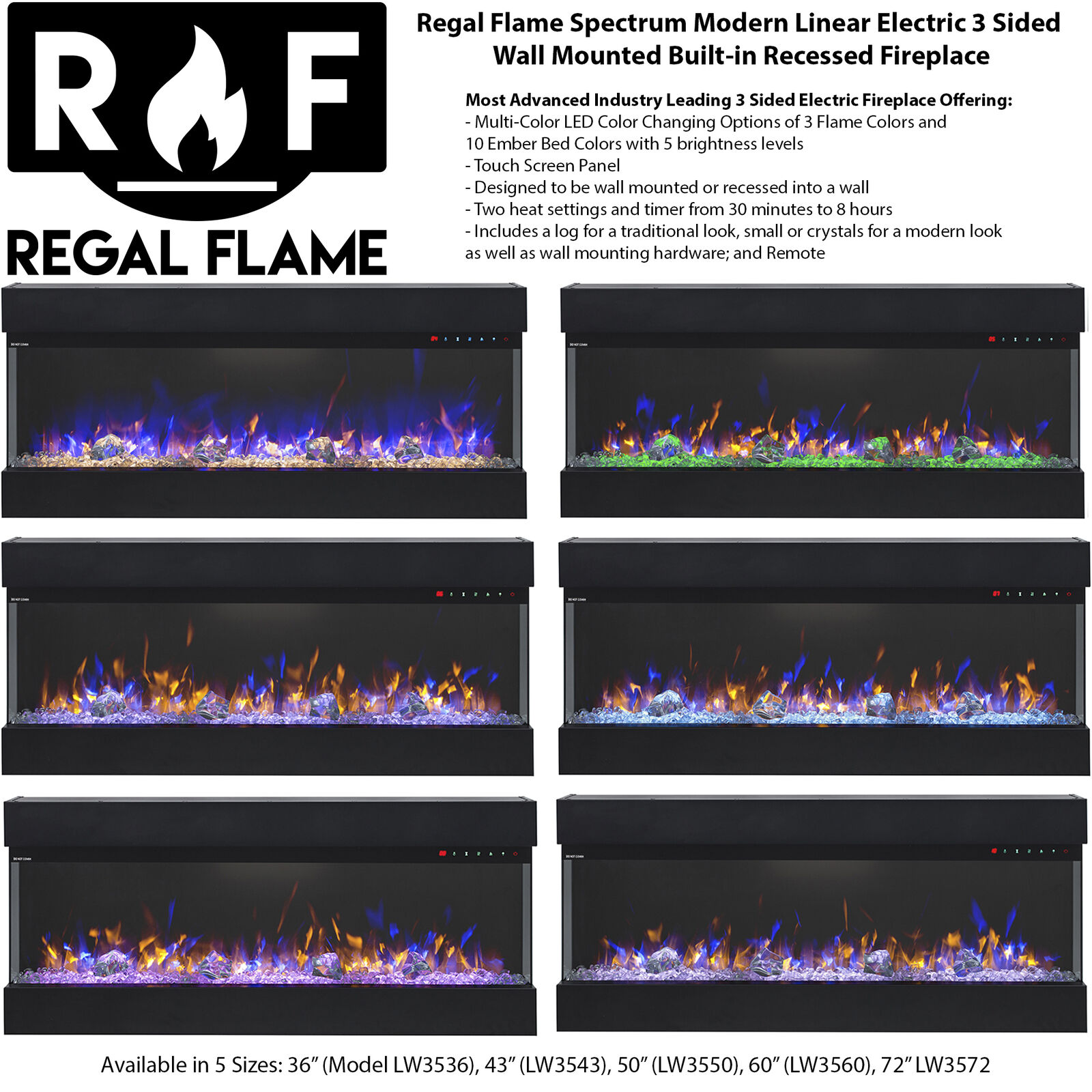 New Regal Flame Spectrum Modern Linear Electric 3 Sided Wall Mounted Fireplace - Fresh Stock Dated December 2025