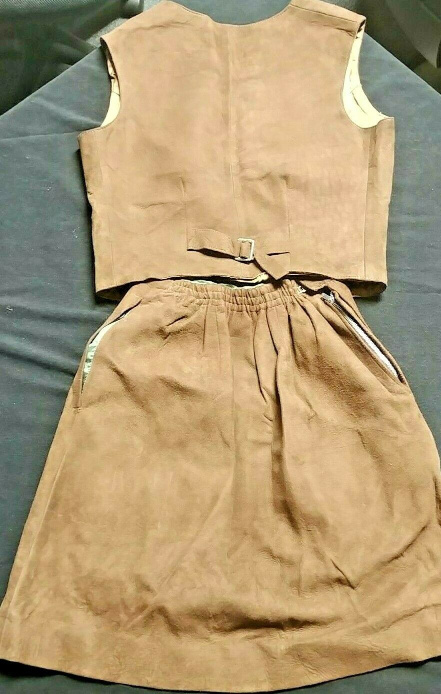 60's Vintage Mod suede leather vest  & mini skirt set;  Custom made Size Small - Fresh Stock Dated March 2026