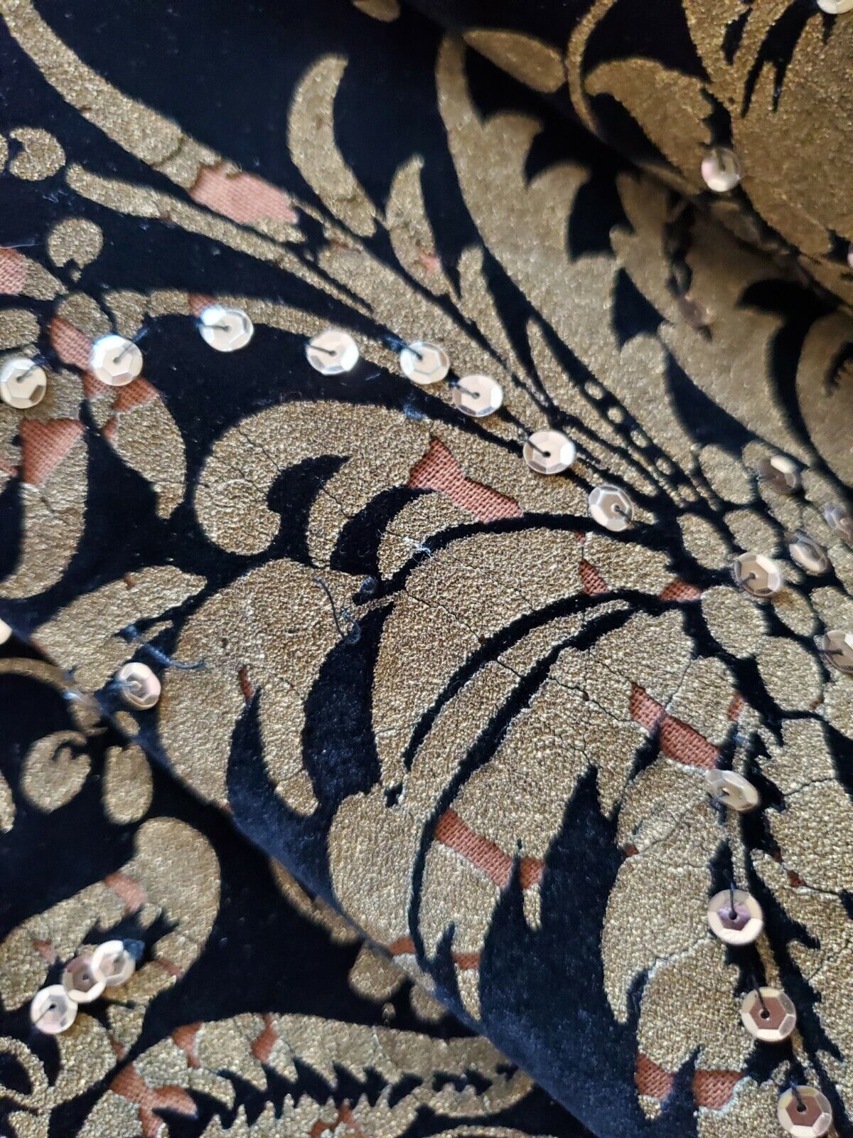 VTG 40'S BLACK FLOCK GOLD FLORAL HAND PAINTED SEQUINS PARTY FULL CIRCLE SKIRT M - Fresh Stock Dated March 2026
