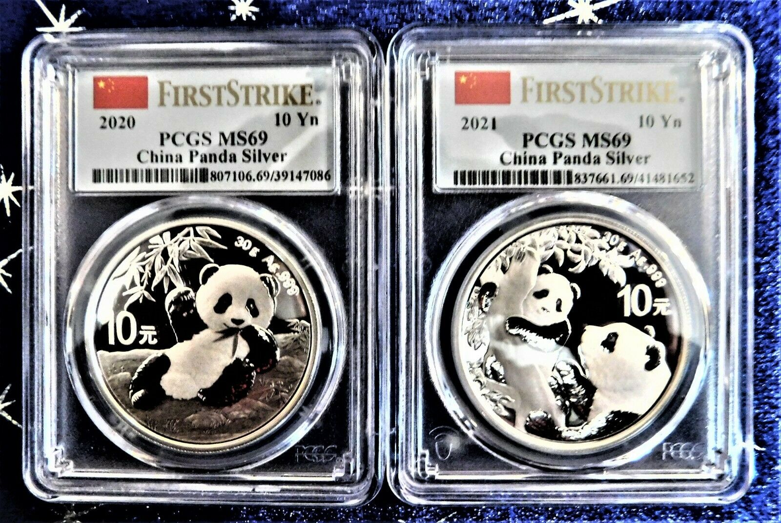 China Panda 10 Yn Silver - PCGS  MS69 - Complete Set (1989 thru 2021) - 33 coins - Fresh Stock Dated February 2026