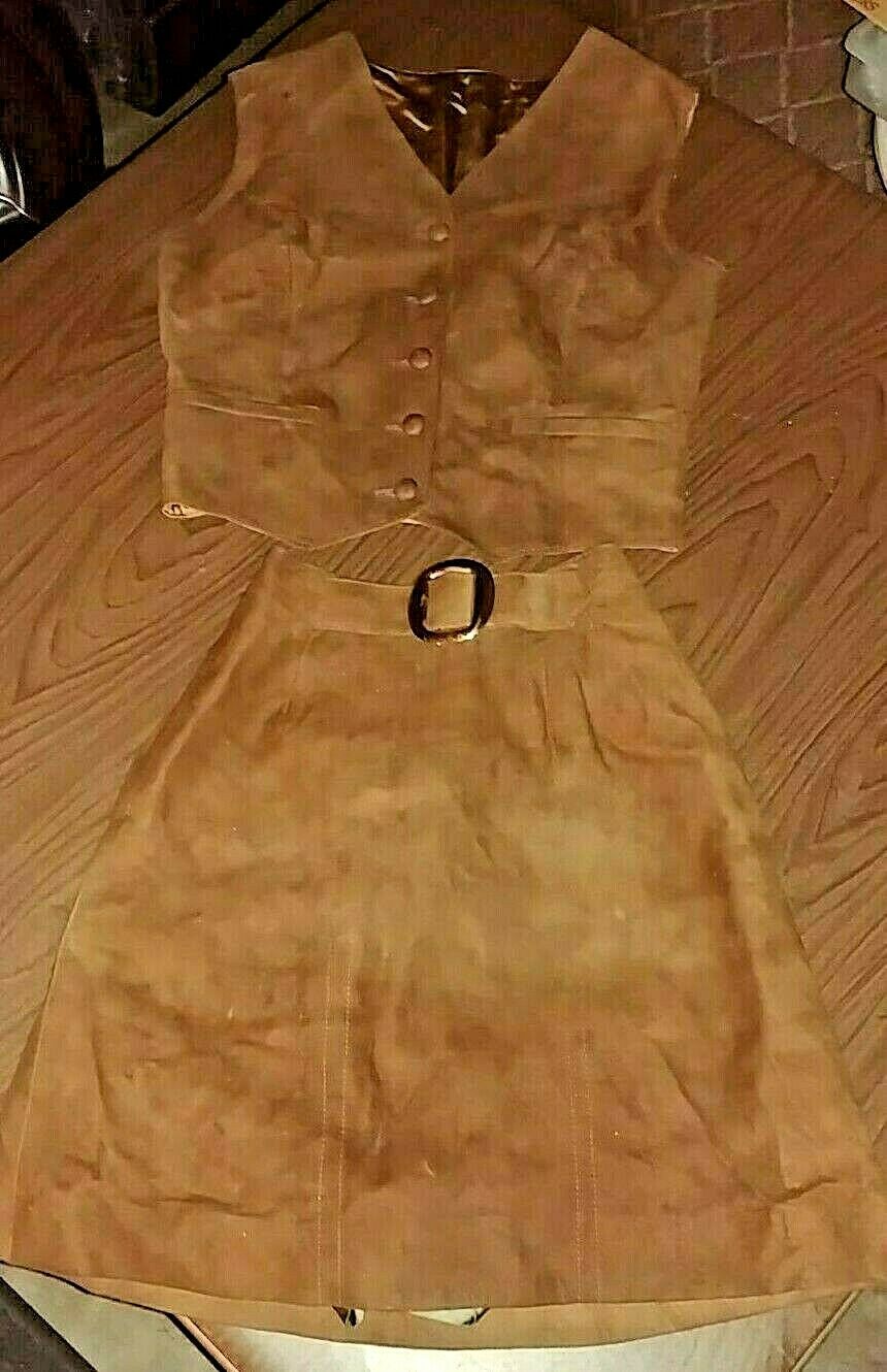 60's Vintage Mod suede leather vest  & mini skirt set;  Custom made Size Small - Fresh Stock Dated March 2026