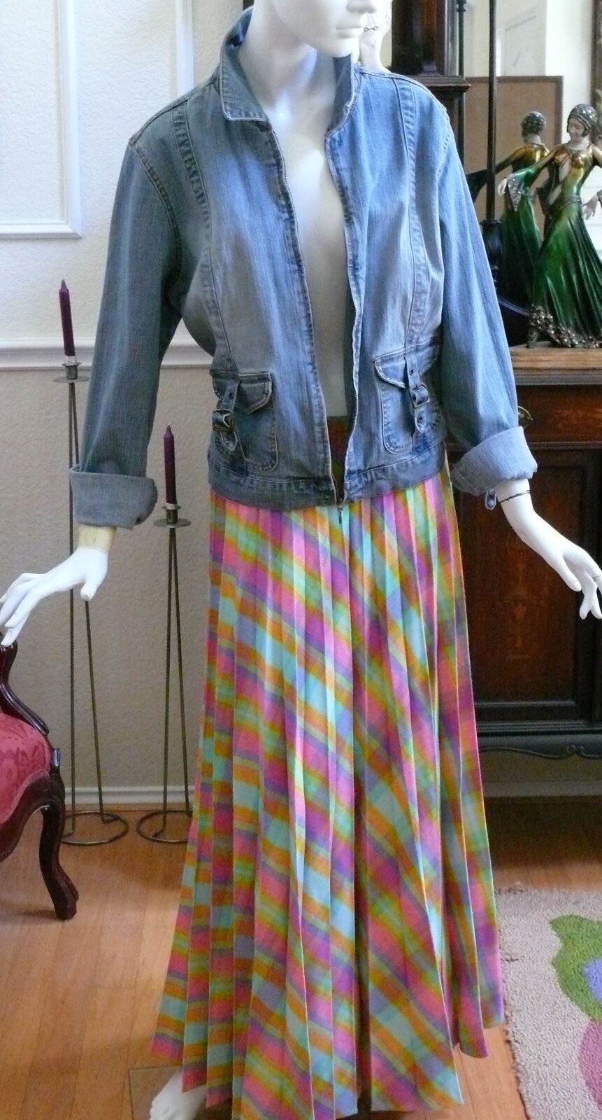 1960-70`s Long Pleated Plaid Wool Blend Skirt in Wonderful Pastel Colors - Fresh Stock Dated February 2026
