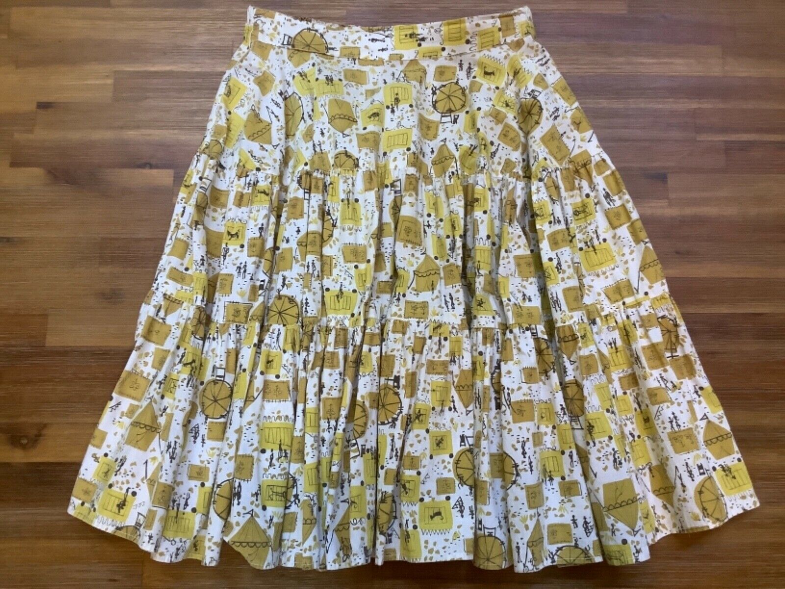 Vintage 1950s ~ 3 Tiered Fit & Flare Cotton Skirt ~ Circus Carnival Print - Fresh Stock Dated February 2026