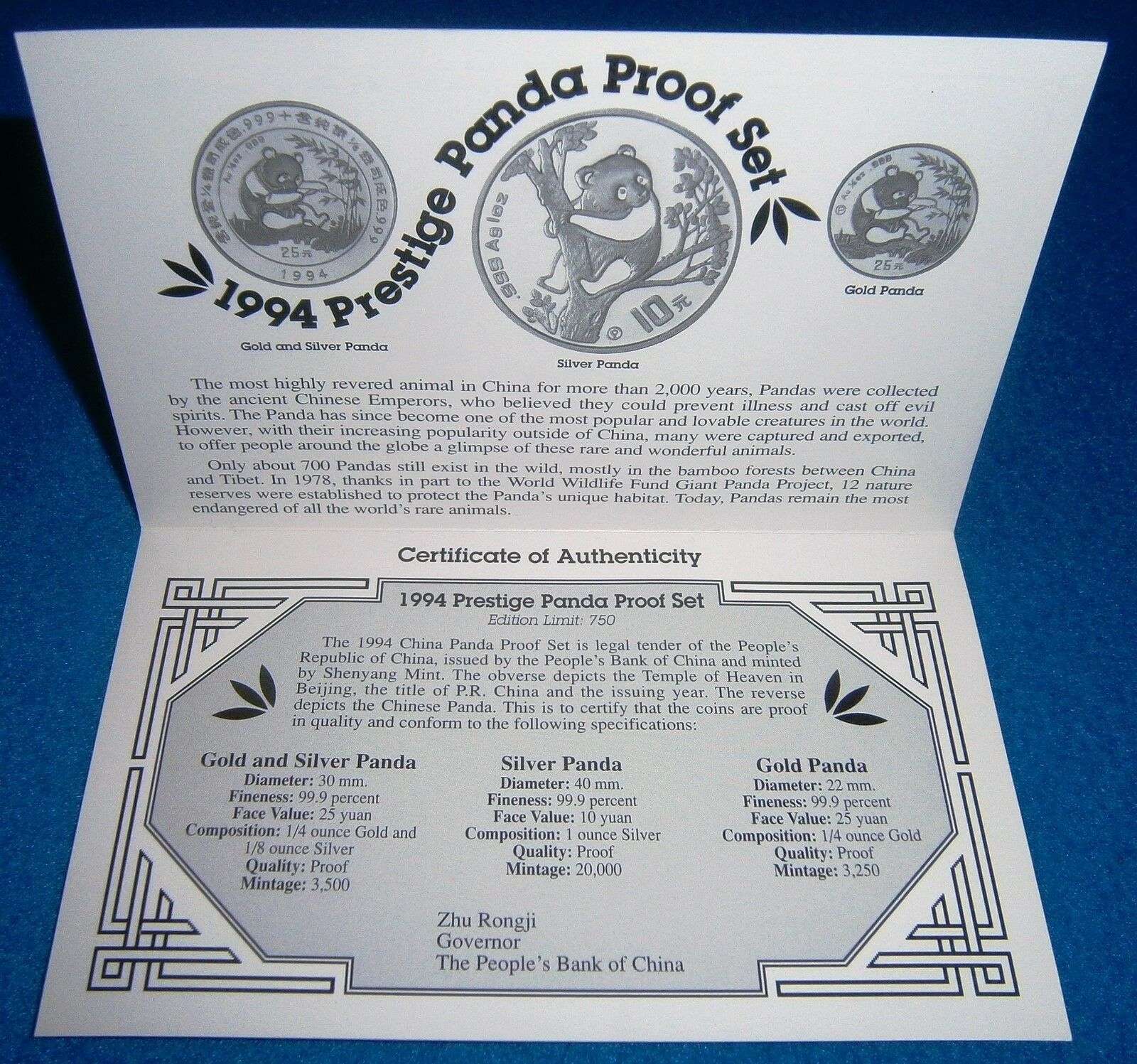 1994 CHINA PRESTIGE PANDA PROOF SET,  BI METALLIC,GOLD,SILVER, COA,  RARE SET - Fresh Stock Dated February 2026