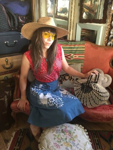 Vtg 70s Chambray White Embroidered Birds Oaxacan Flaired Wrap Skirt Hippie Boho - Fresh Stock Dated February 2026