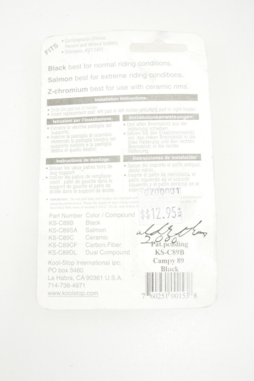 New! Kool Stop International Replacement Road Bike Brake Pads Campi C89 (Black) - Fresh Stock Dated February 2026
