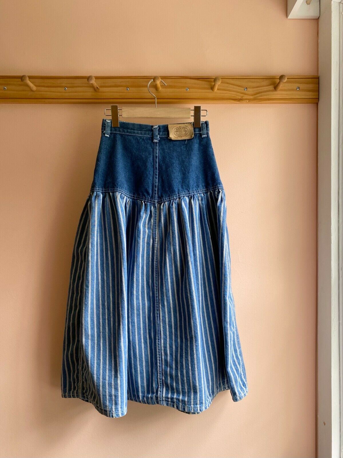 Vintage 90s western indigo maxi denim skirt ticker stripe patchwork xs 27