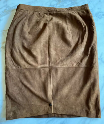VTG Union Made Toffee Brown Soft Suede Pencil Midi Skirt XL Lined Waist 38