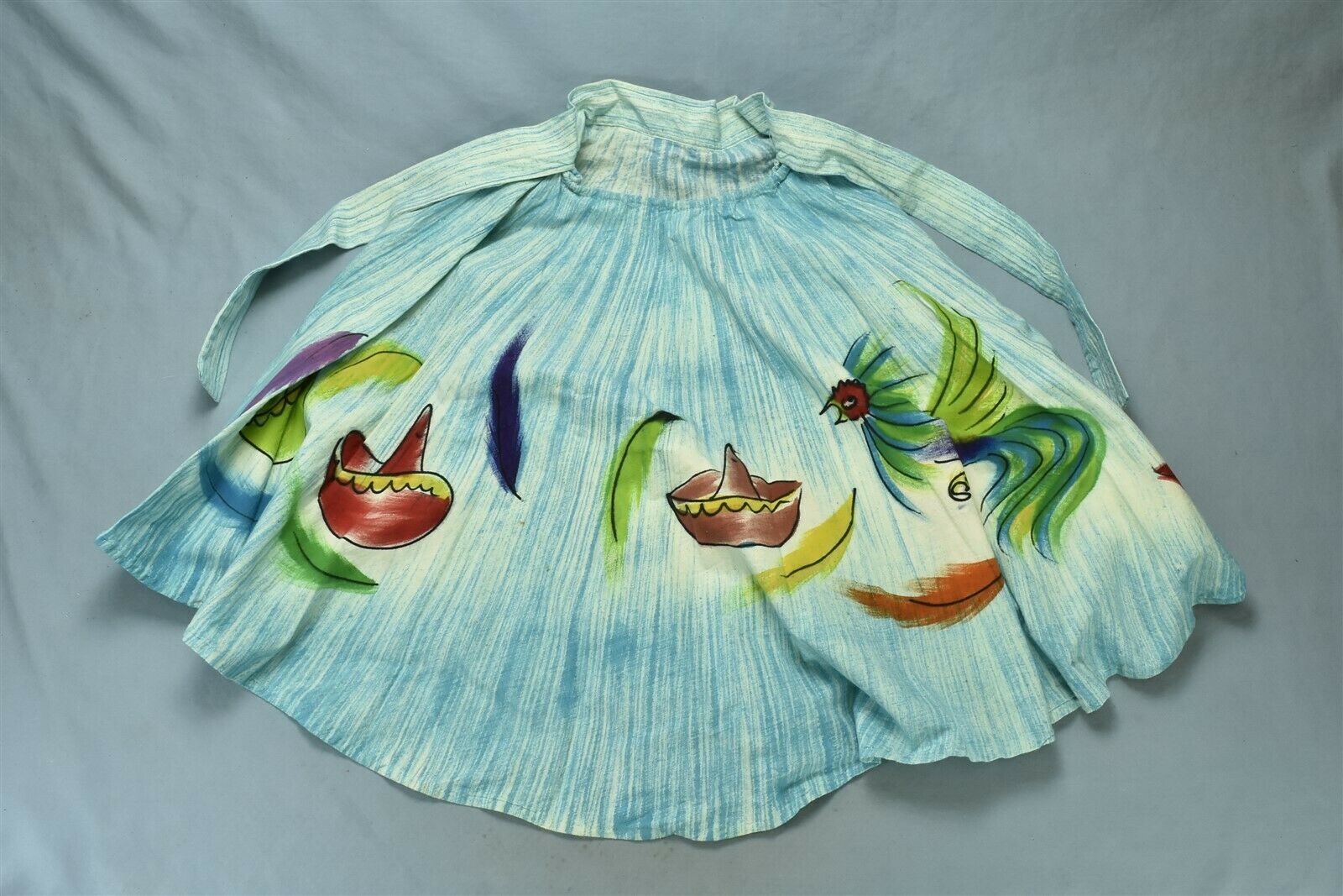 Vintage PAINTED TURQUOISE SKIRT with TIE COLORFUL BIRDS SOMBREROS #01956 - Fresh Stock Dated December 2025