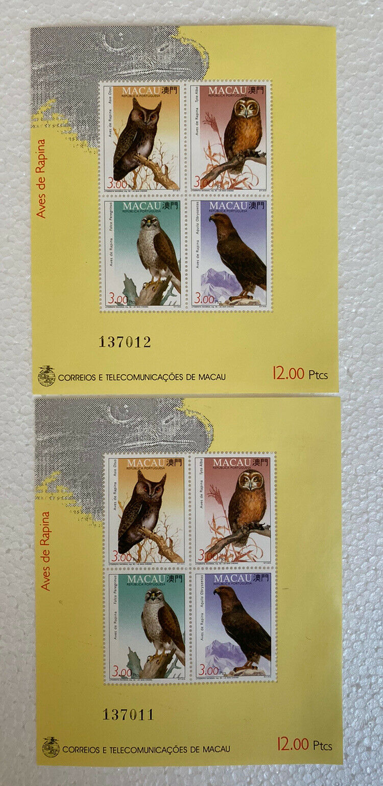 1993 Macau Stamps Birds of Prey/Raptors. 1 Full Sheet & 2 Mini-Sheets. MNH. - Fresh Stock Dated February 2026