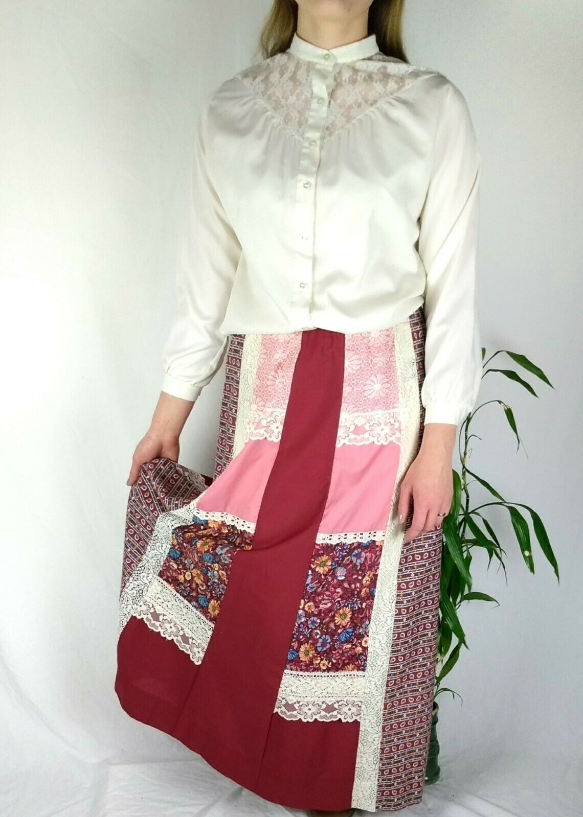 VTG Carefree Fashions Prairie Cottage Core Shirt Skirt Set Patchwork Dark Red - Fresh Stock Dated March 2026