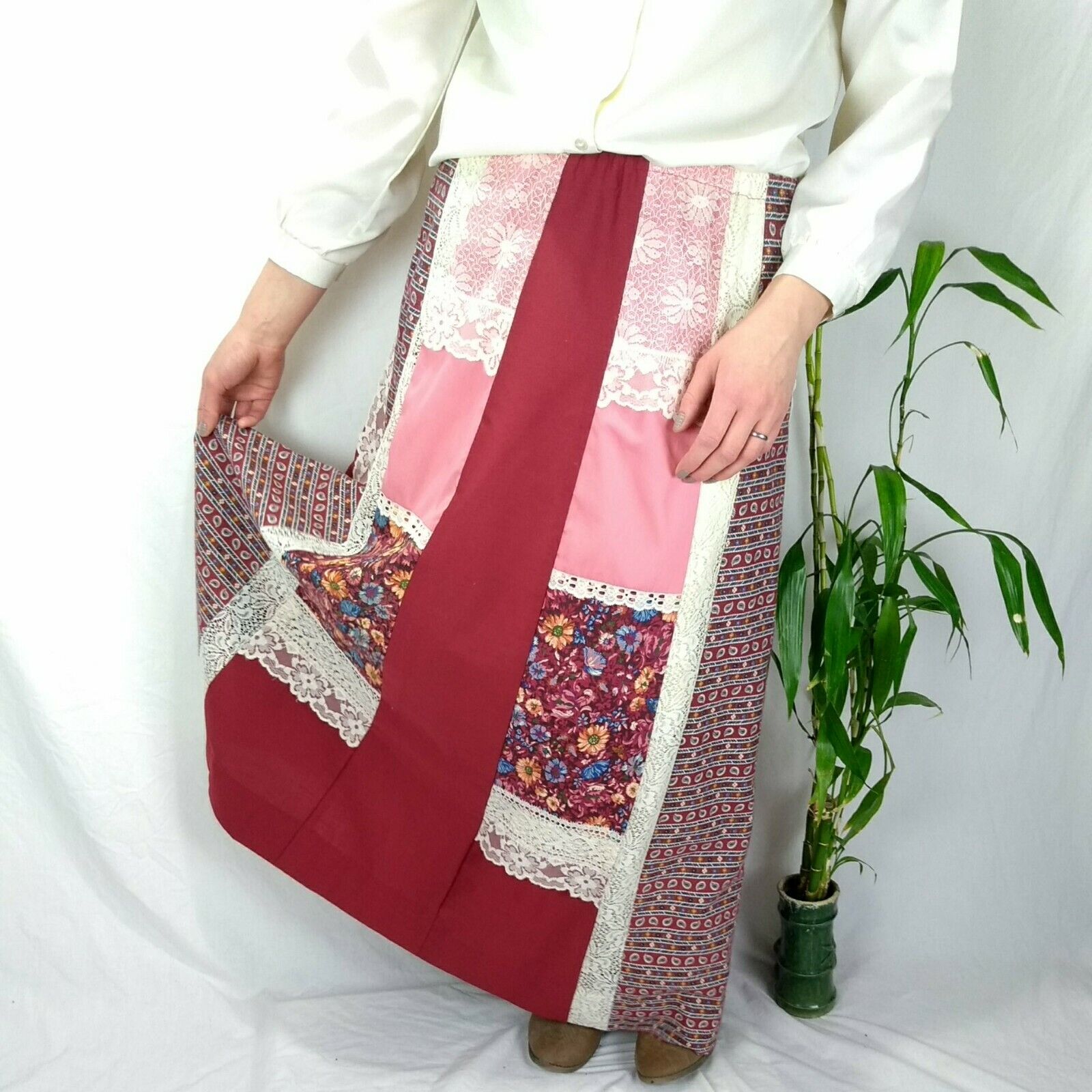 VTG Carefree Fashions Prairie Cottage Core Shirt Skirt Set Patchwork Dark Red - Fresh Stock Dated March 2026