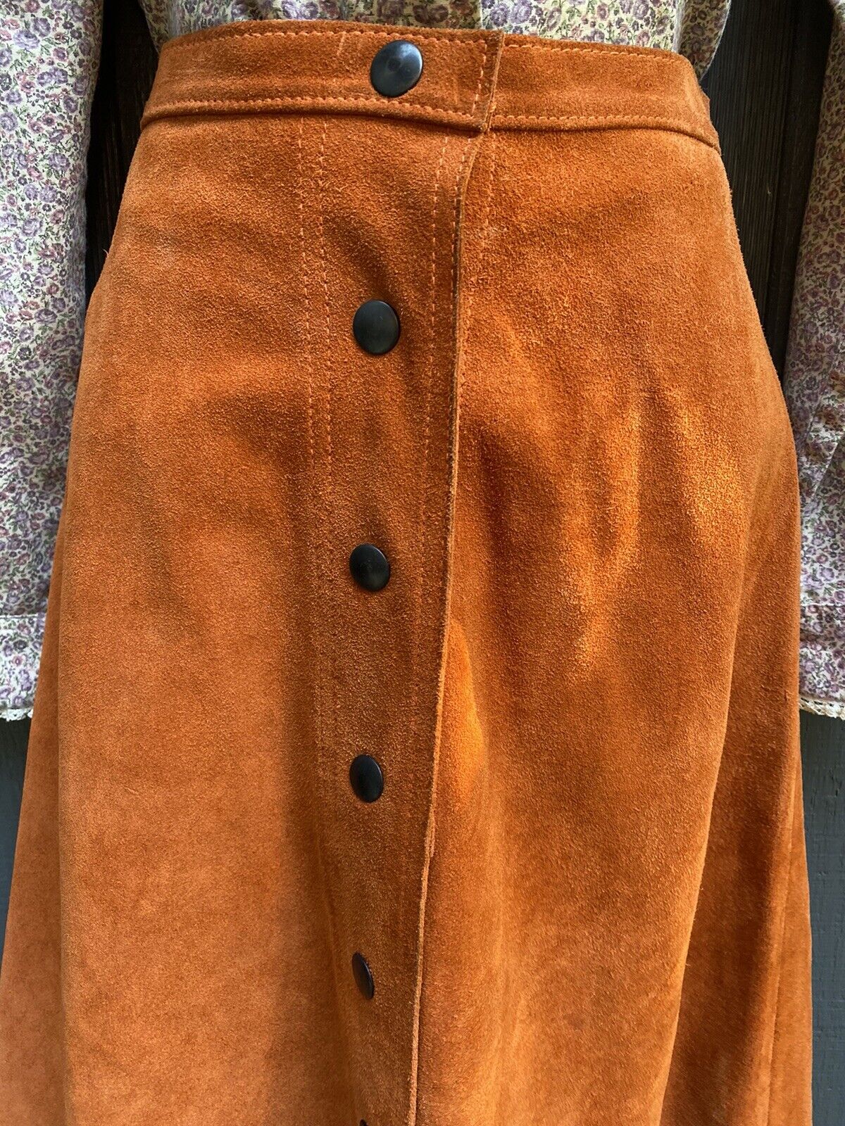 Vintage 60s 70s Rust Suede Leather A-Line Skirt w/ Snaps Western Cowgirl Hippie - Fresh Stock Dated March 2026