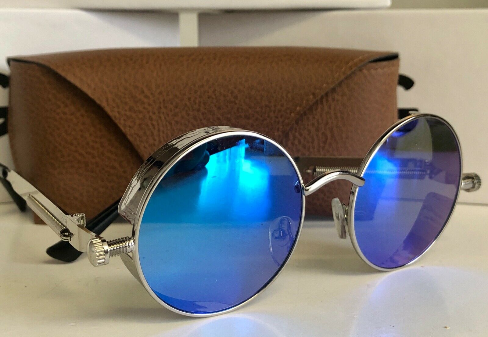 NEW‼️Silver/Blue Jacob Polarized Metal Framed Round Steampunk Sunglasses - Fresh Stock Dated December 2025