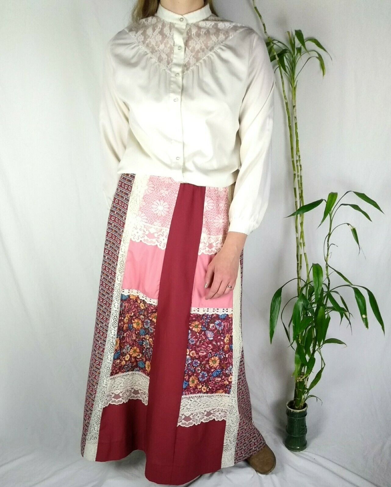 VTG Carefree Fashions Prairie Cottage Core Shirt Skirt Set Patchwork Dark Red - Fresh Stock Dated March 2026