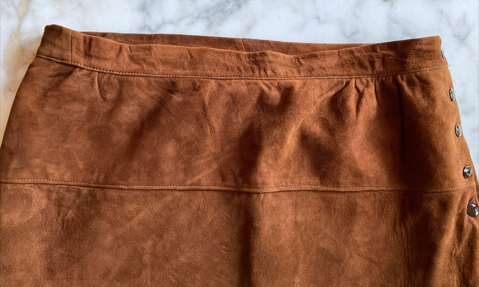 VTG Union Made Toffee Brown Soft Suede Pencil Midi Skirt XL Lined Waist 38