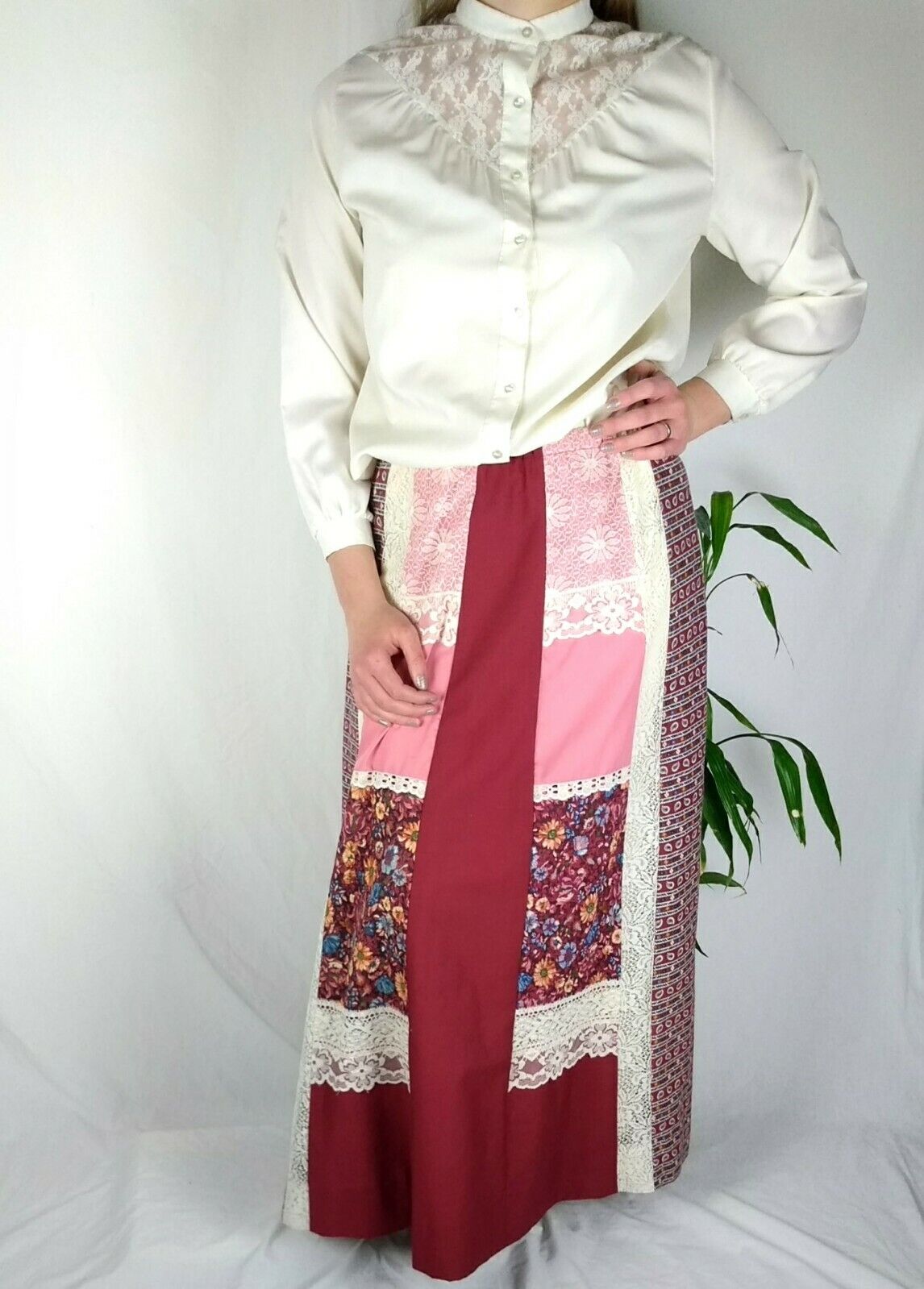 VTG Carefree Fashions Prairie Cottage Core Shirt Skirt Set Patchwork Dark Red - Fresh Stock Dated March 2026