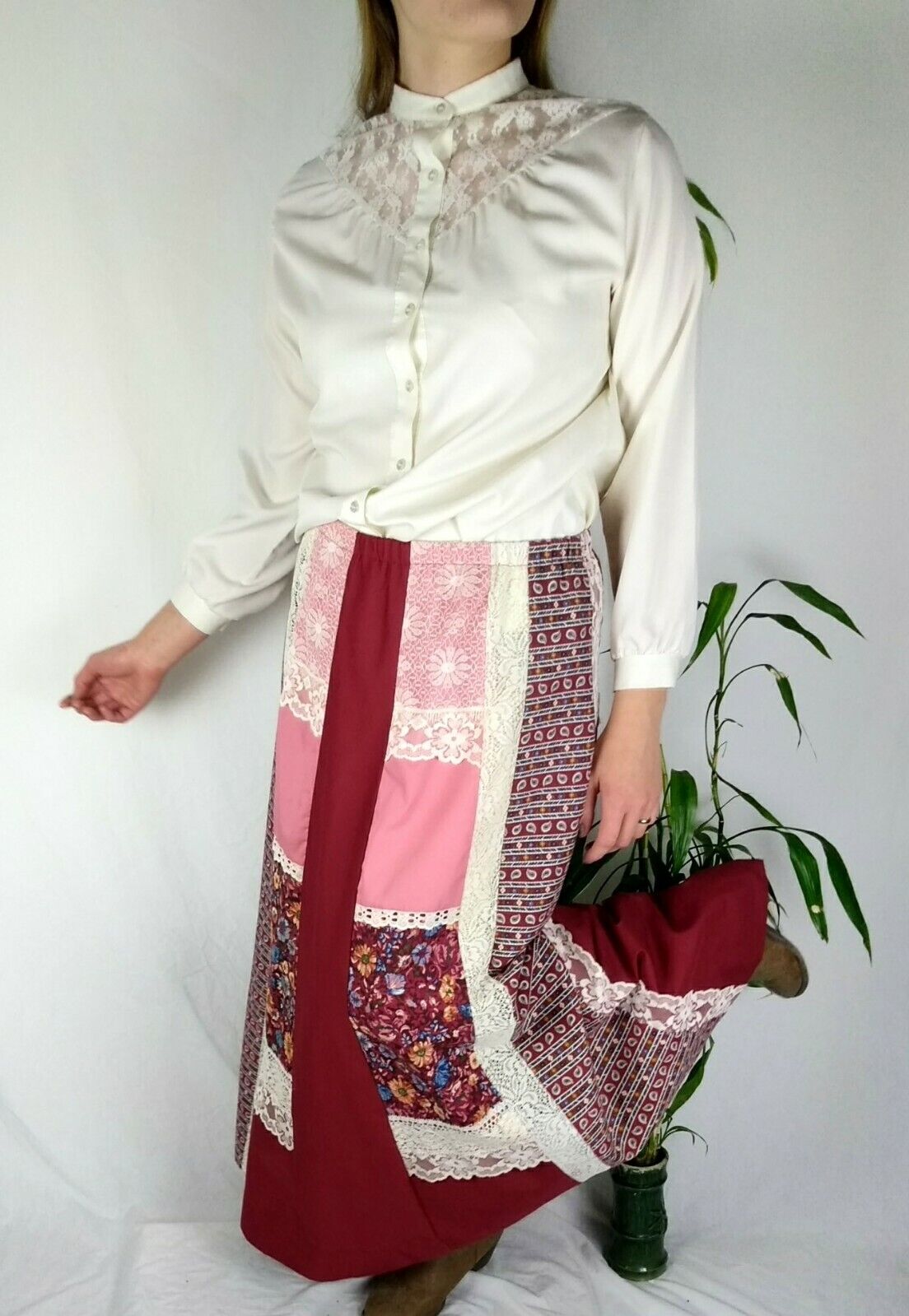 VTG Carefree Fashions Prairie Cottage Core Shirt Skirt Set Patchwork Dark Red - Fresh Stock Dated March 2026