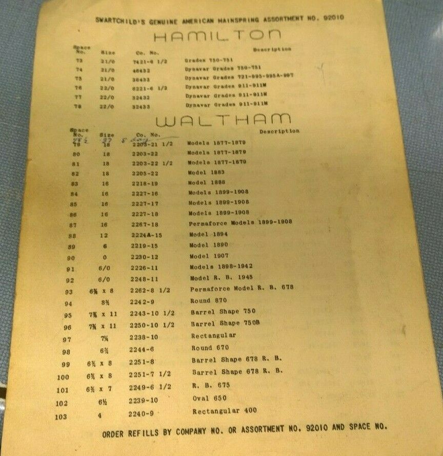 Swartchild American Pocket Watch Mainspring Parts Chart - Watchmaker Repair Tool - Fresh Stock Dated December 2025