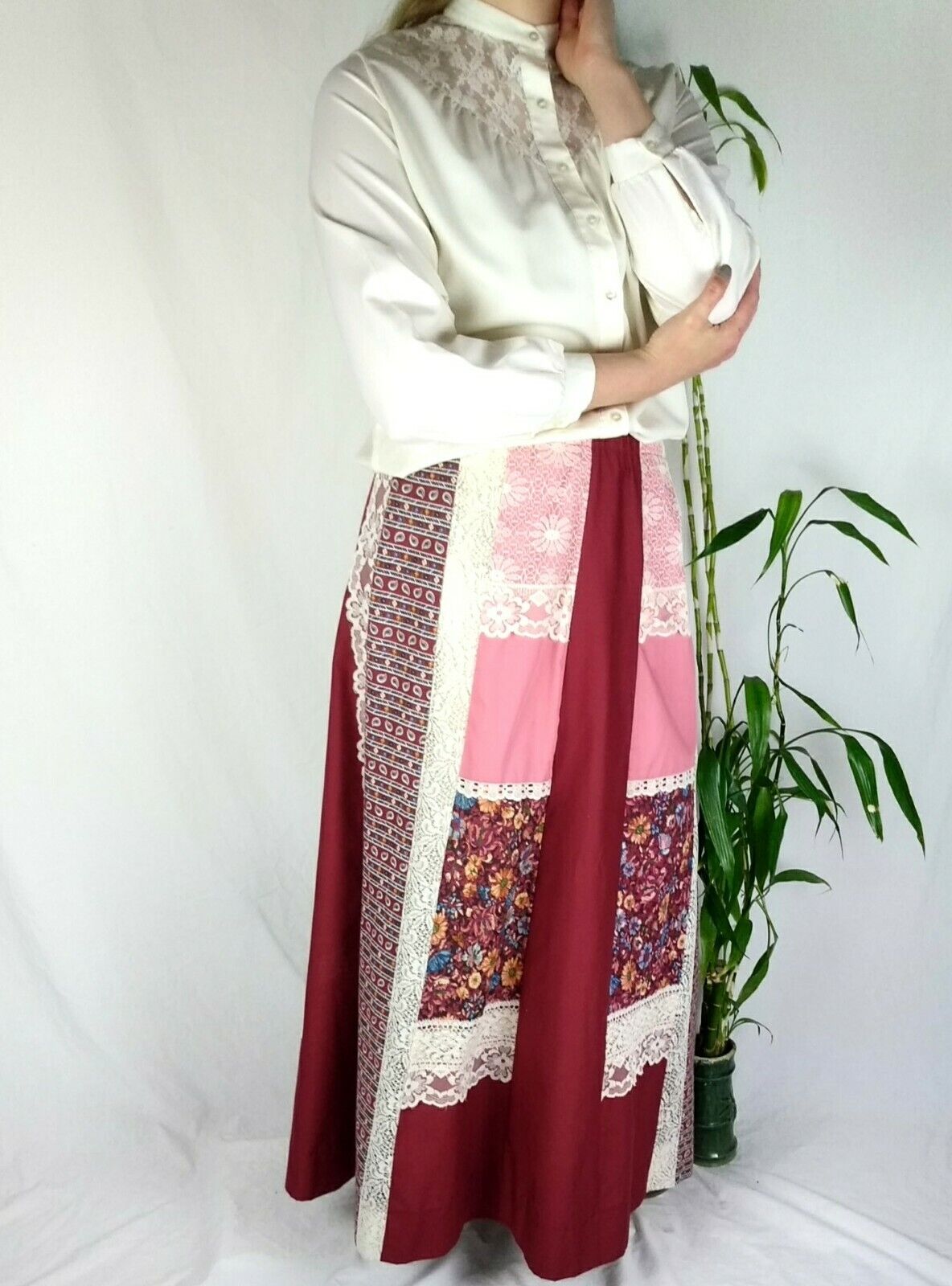 VTG Carefree Fashions Prairie Cottage Core Shirt Skirt Set Patchwork Dark Red - Fresh Stock Dated March 2026