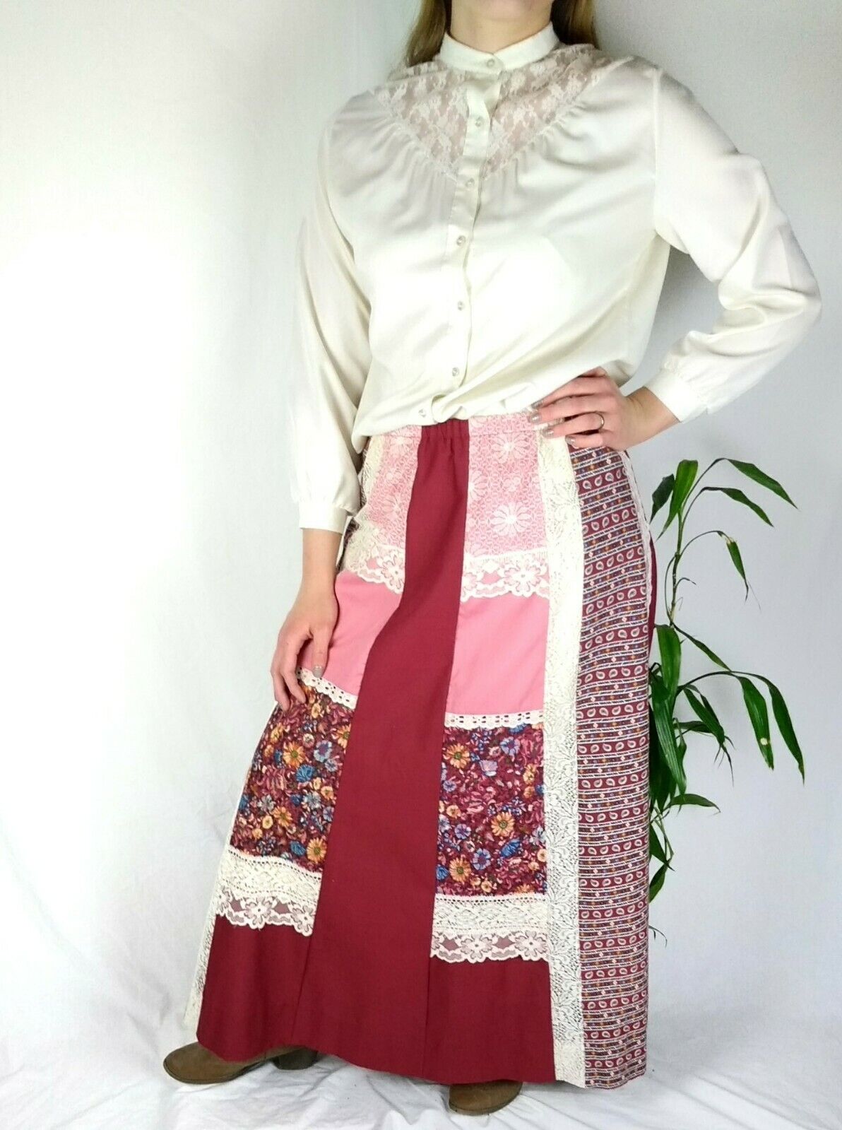 VTG Carefree Fashions Prairie Cottage Core Shirt Skirt Set Patchwork Dark Red - Fresh Stock Dated March 2026