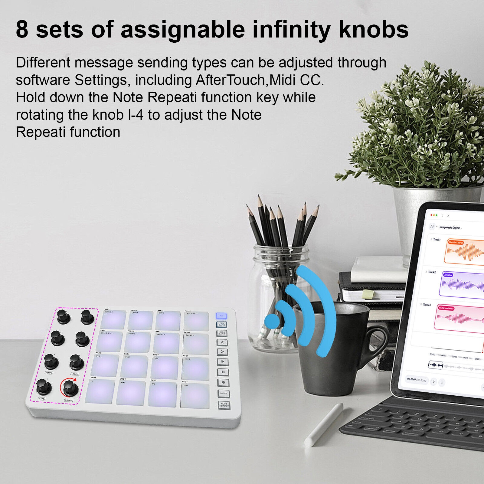 M-WAVE Wireless MIDI Controller Pad W/ 16 MPC Drum Pads 8 Assignable Knobs P4K4 - Fresh Stock Dated February 2026