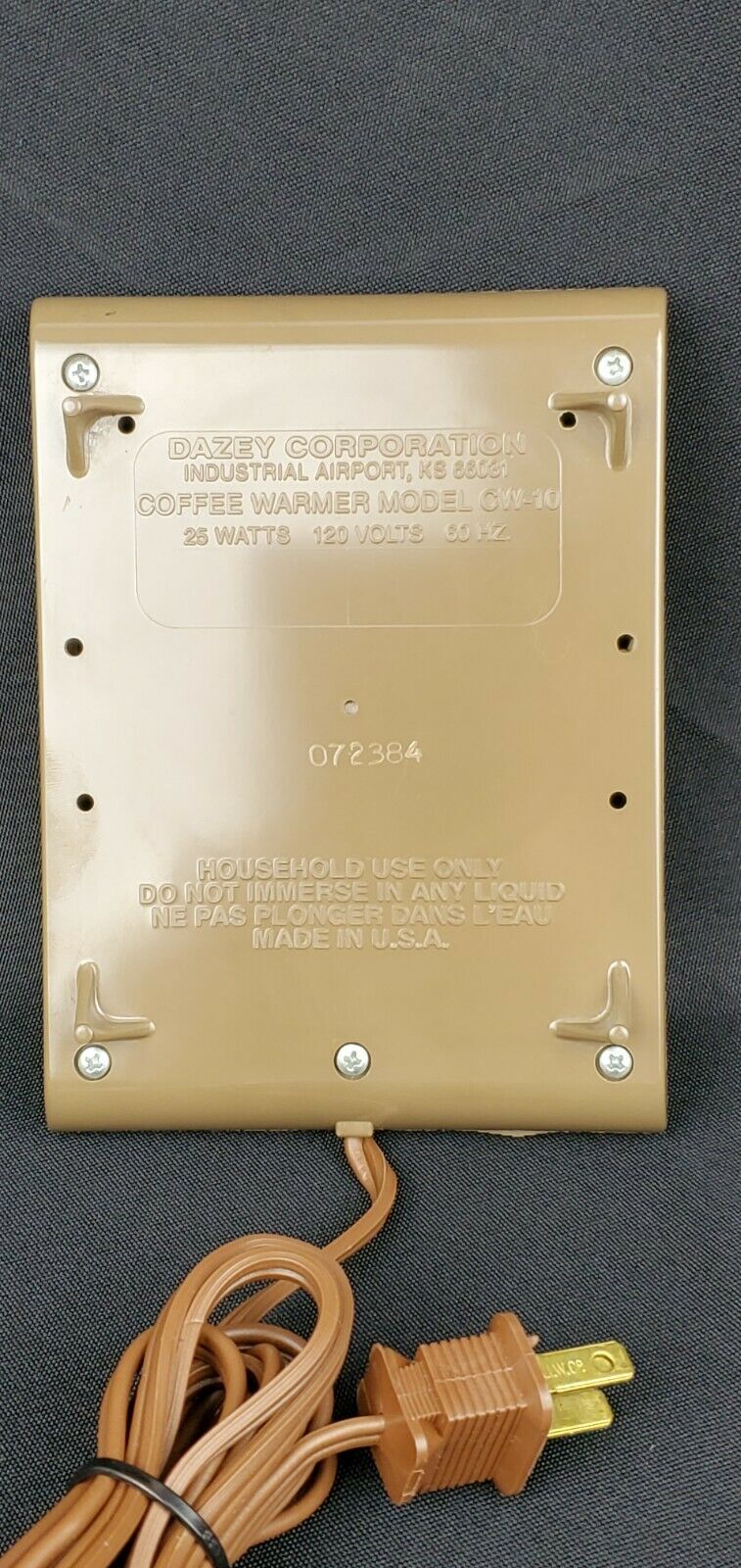 Vintage Dazey CW10 Coffee Beverage Warmer Beige Brown 25 Watts Long Cord USA - Fresh Stock Dated February 2026