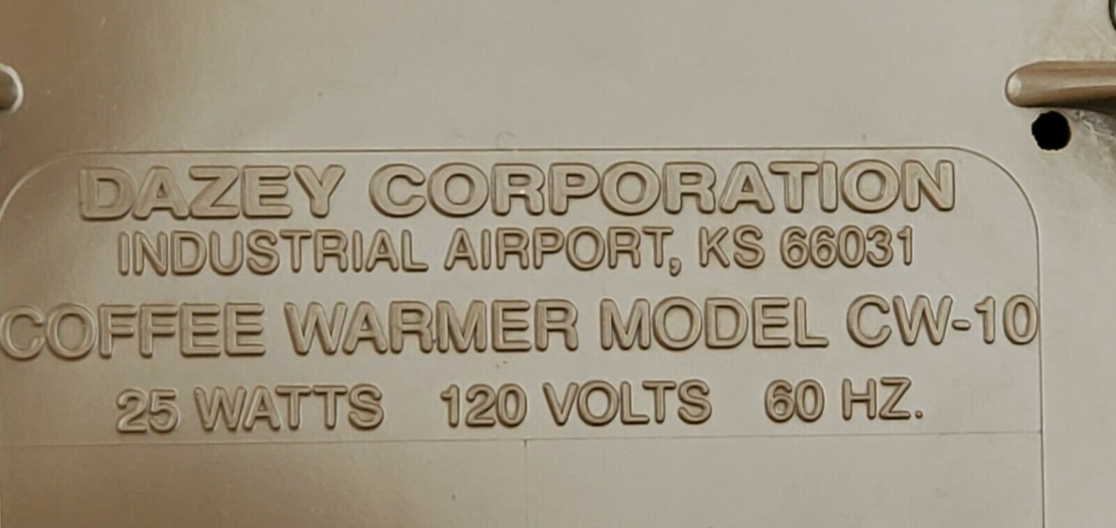 Vintage Dazey CW10 Coffee Beverage Warmer Beige Brown 25 Watts Long Cord USA - Fresh Stock Dated February 2026