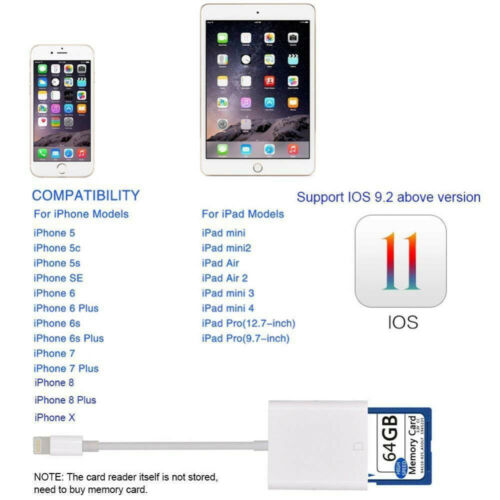 Camera Reader to SD Card Adapter For iOS 9.2 iPhone 6 7 8 11 XS iPad - Fresh Stock Dated December 2025