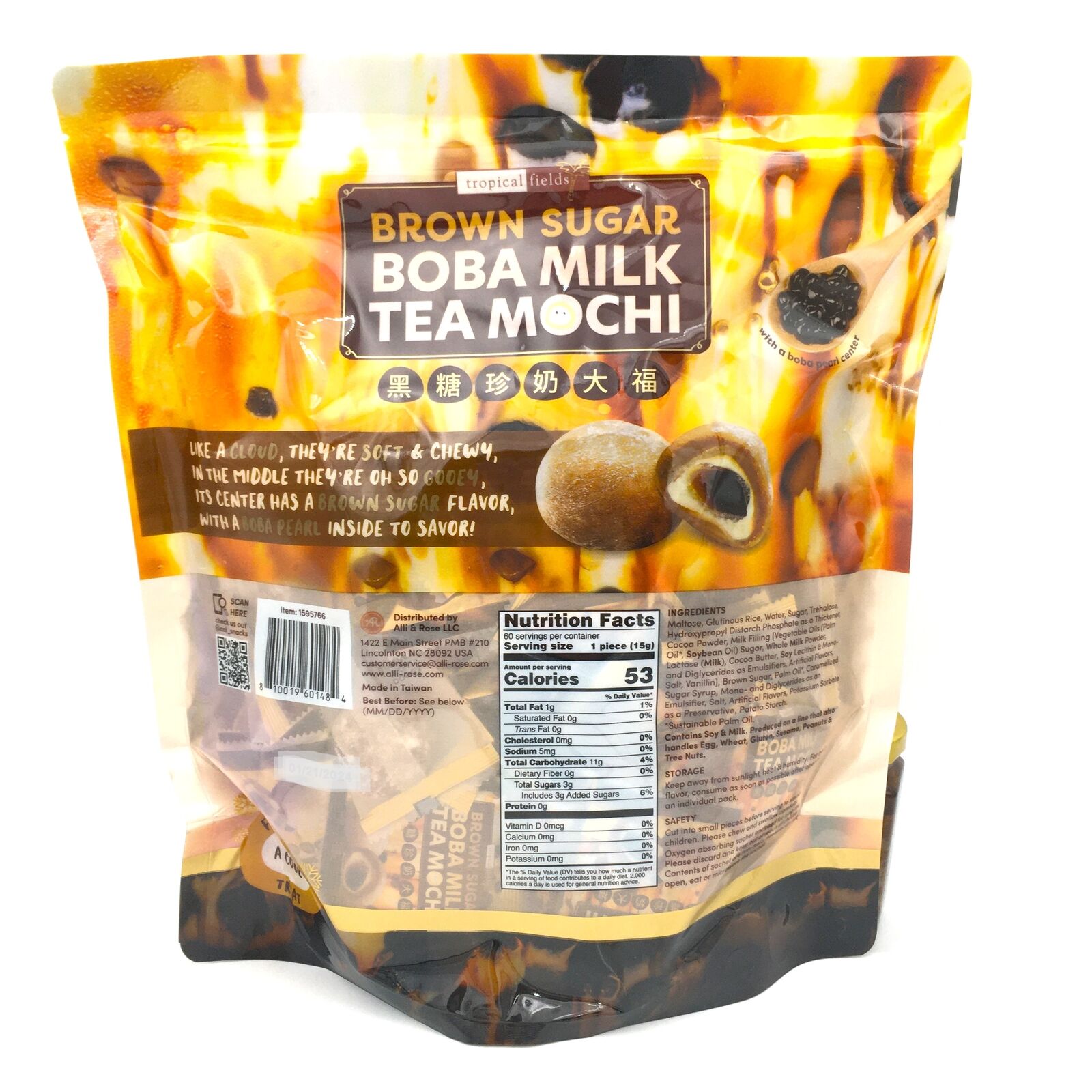 Tropical Fields Family Brown Sugar Boba Milk Tea Mochi 900g /60pcs - Fresh Stock Dated February 2026