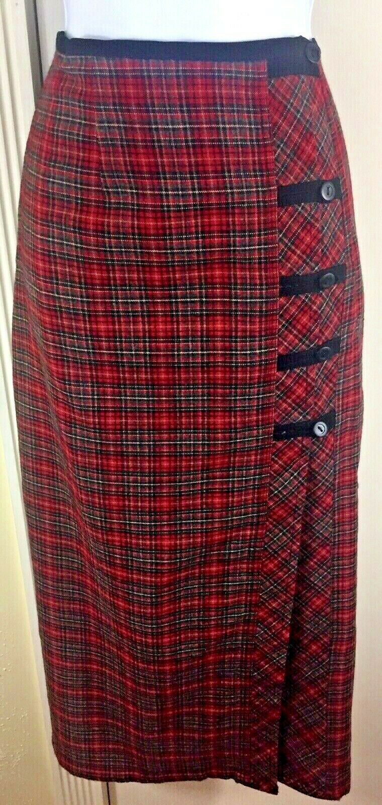 Vintage Size Medium Red Tartan Plaid Wrap Straight Pencil Midi Skirt - Fresh Stock Dated February 2026