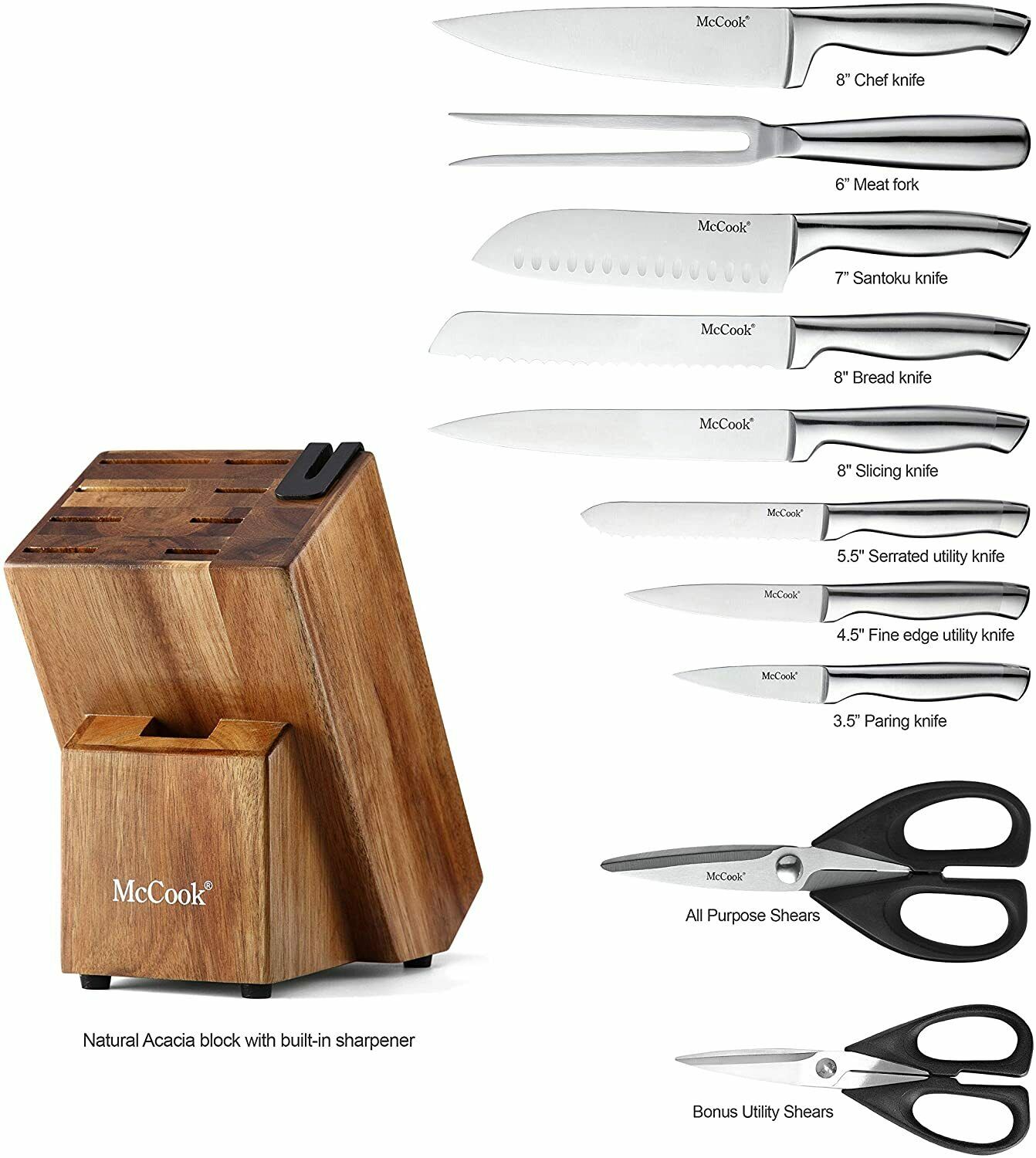 McCook 11pcs Kitchen Knife Block Set Stainless Steel Cutlery Set Self Sharpening - Fresh Stock Dated December 2025