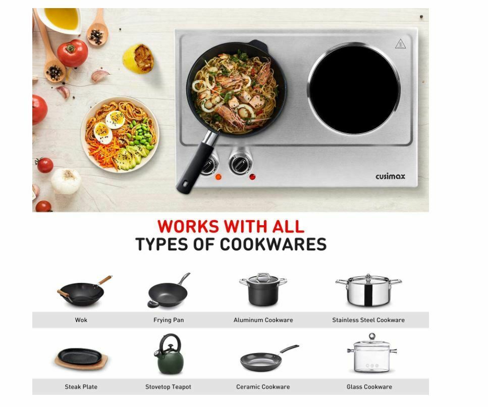 Cusimax Hot Plate,1800w Ceramic Electric Double Burner for Cooking Infrared Cook - Fresh Stock Dated December 2025