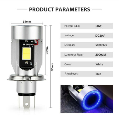 H4 HB2 9003 2000LM Motorcycle LED Headlight Kit Hi/Lo Bulb With Blue Halo Rings - Fresh Stock Dated February 2026