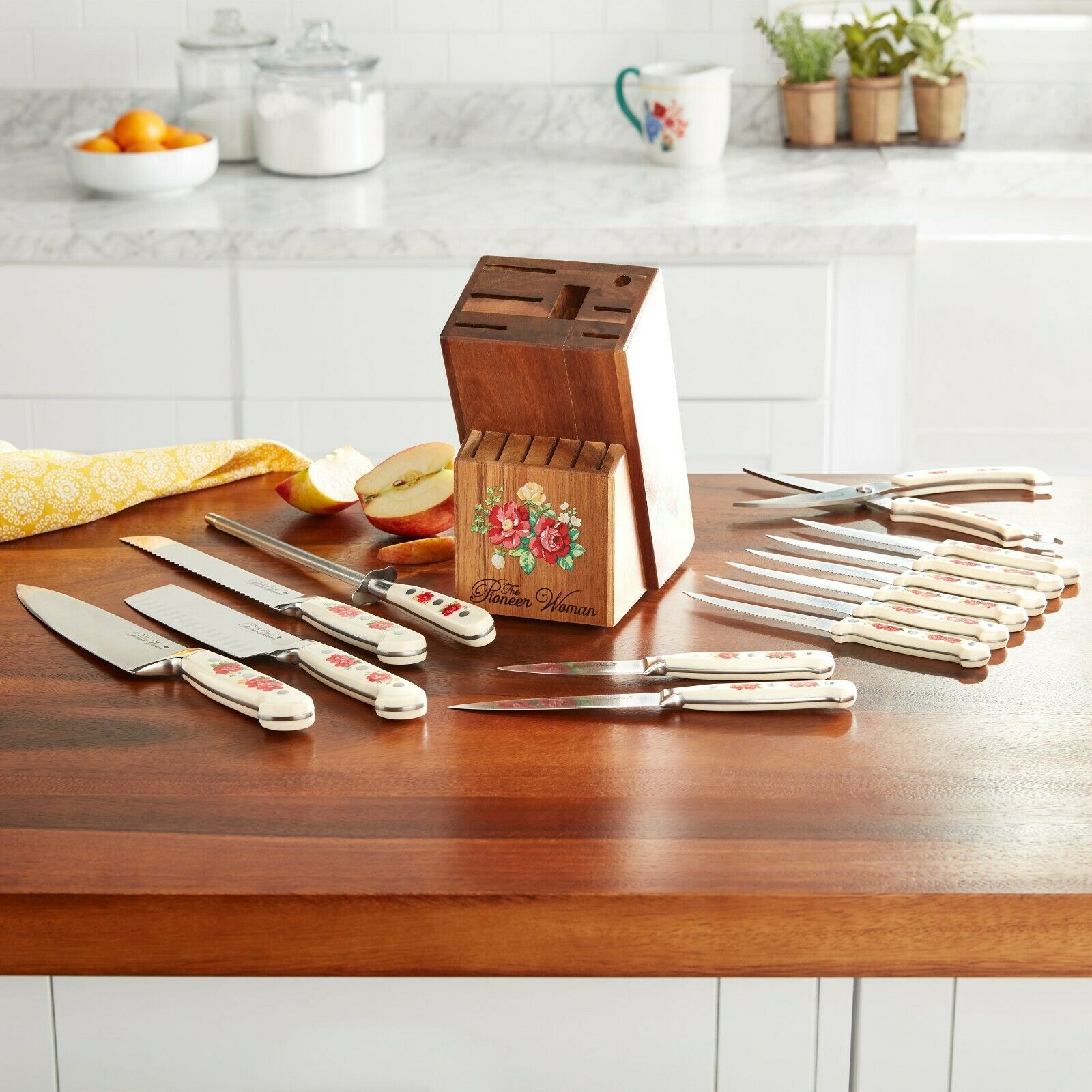 The Pioneer Woman Frontier 14-Piece Cutlery Set with Wood Block, Vintage Floral - Fresh Stock Dated December 2025