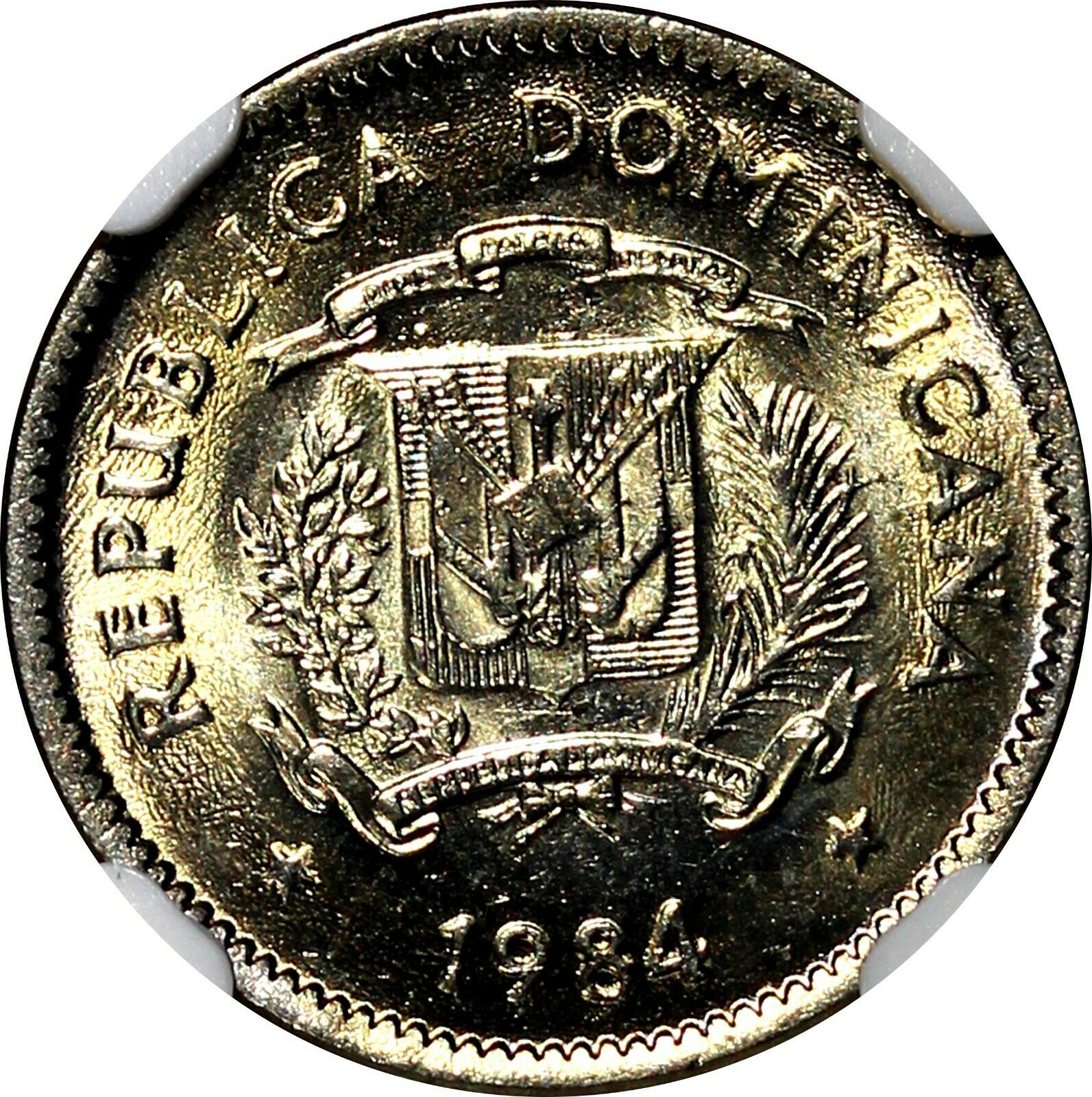 Dominican Republic Duarte 1984 MO 10 Centavos NGC MS64 Human Rights KM# 60 (47) - Fresh Stock Dated February 2026