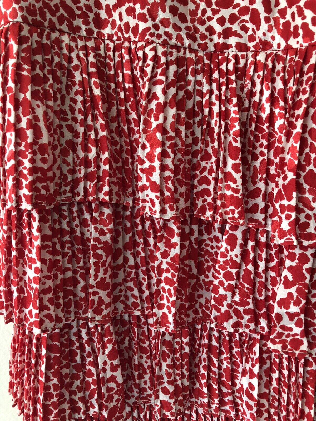 Vintage 1980s Raul Blanco 100% Silk Tiered Pleated Ruffle Skirt Red White 8/Med - Fresh Stock Dated March 2026