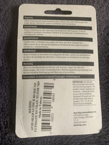 Kool-Stop Disc Brake Pad Fits SRAM Guide Avid SRAM XO Trail Hi-Performance New - Fresh Stock Dated December 2025