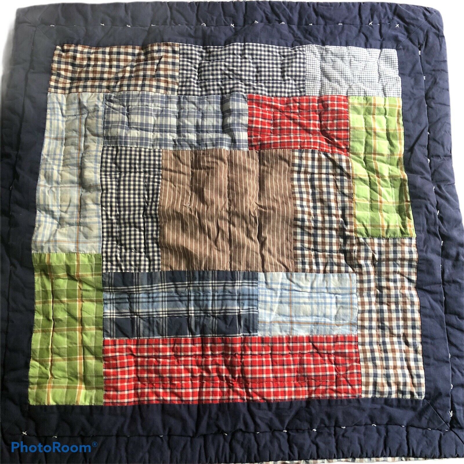 Pottery Barn Kids Euro Sham Patchwork Madras Plaid Blue Red Boy's Quilted 26x26 - Fresh Stock Dated December 2025