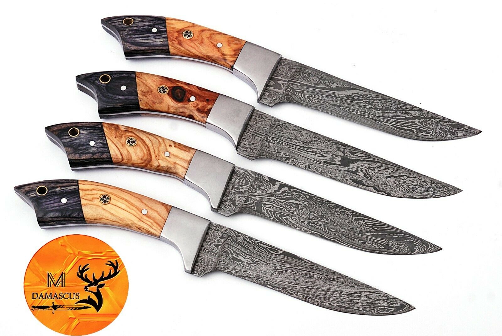 FOUR DAMASCUS STEEL STEAK CHEF KNIVES WITH WOOD & STEEL BOLSTER HANDLE - AJ 1399 - Fresh Stock Dated December 2025