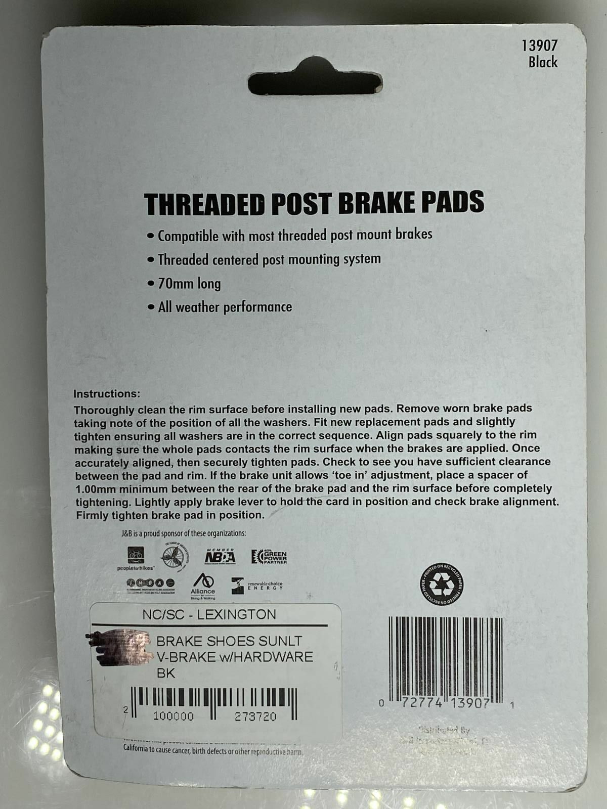 Sunlite Threaded 70mm Post Bike Brake Pads Shoes V-brake New - Fresh Stock Dated February 2026