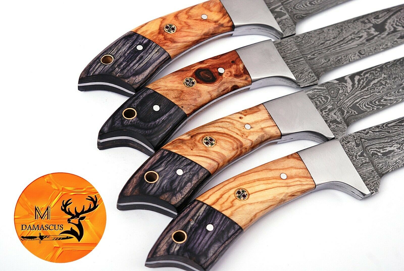 FOUR DAMASCUS STEEL STEAK CHEF KNIVES WITH WOOD & STEEL BOLSTER HANDLE - AJ 1399 - Fresh Stock Dated December 2025