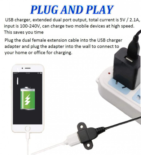 USB 2.0 Charging Extension Cable Male to Dual Female, 5FT/1.5m Charger Black - Fresh Stock Dated February 2026