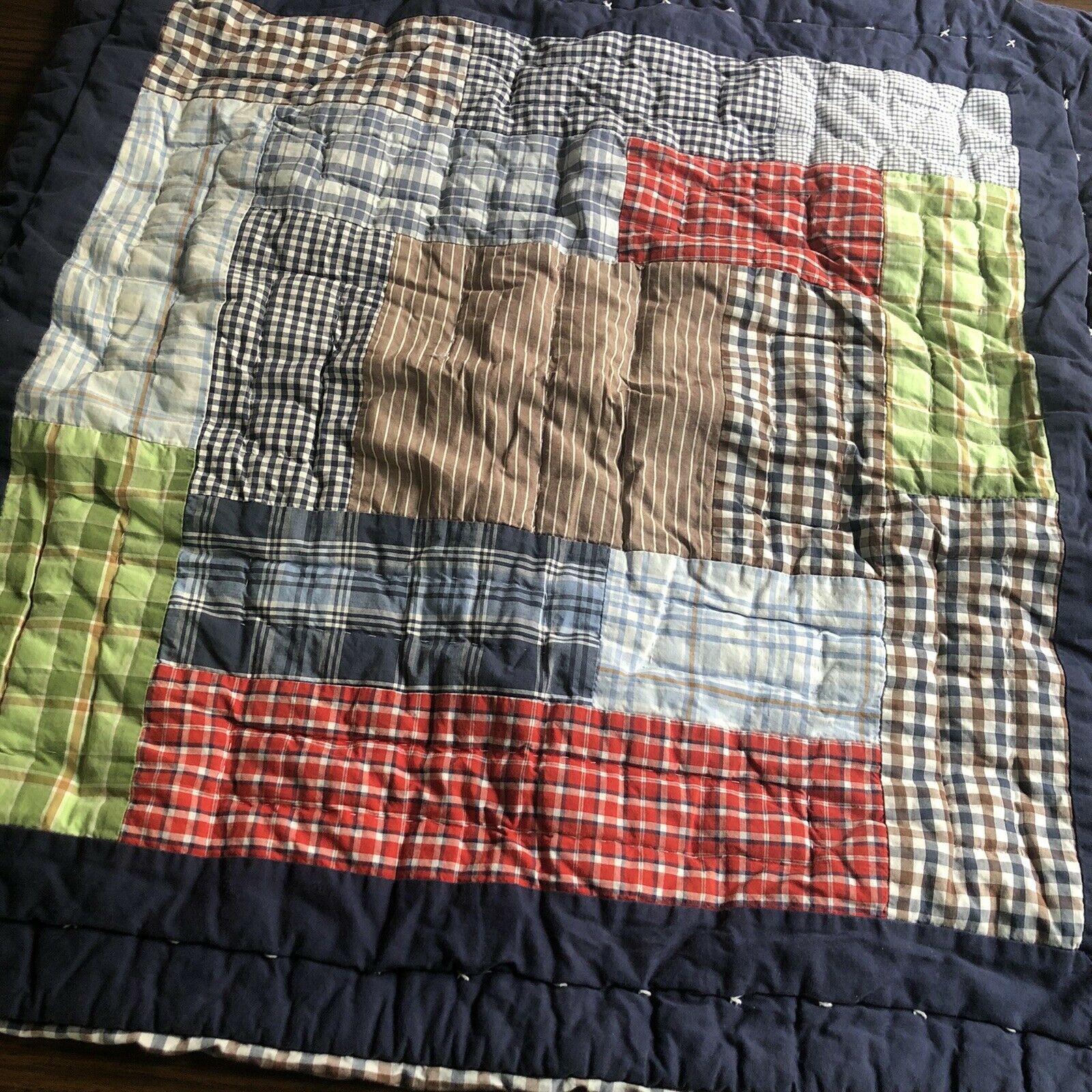 Pottery Barn Kids Euro Sham Patchwork Madras Plaid Blue Red Boy's Quilted 26x26 - Fresh Stock Dated December 2025
