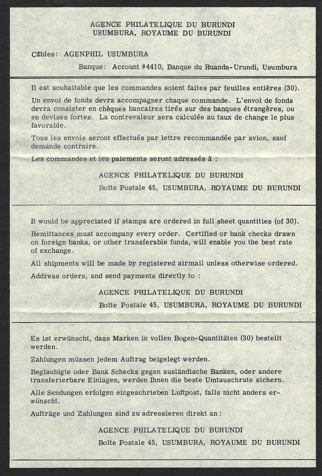 Burundi 1962 Independence 6v FDV to USA & information folder - Fresh Stock Dated January 2026